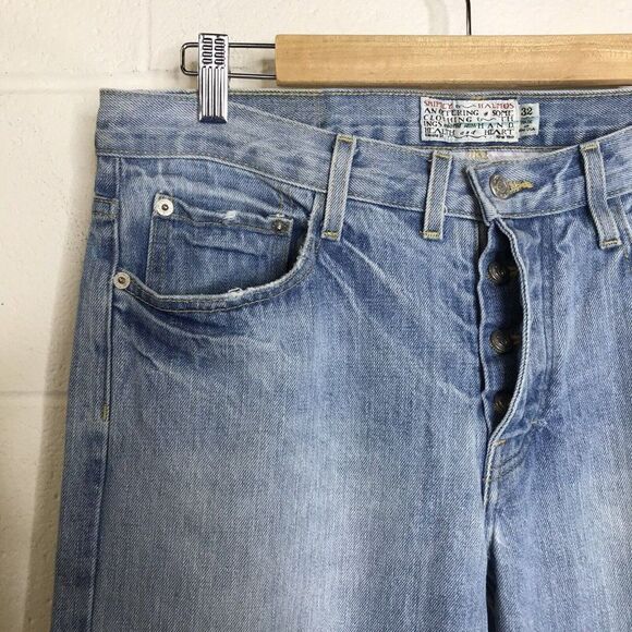 SHIPLEY & HALMOS Mens Jean Hopper Button Fly Denim Distressed Knees Sz 34x33.5 - Picture 6 of 12